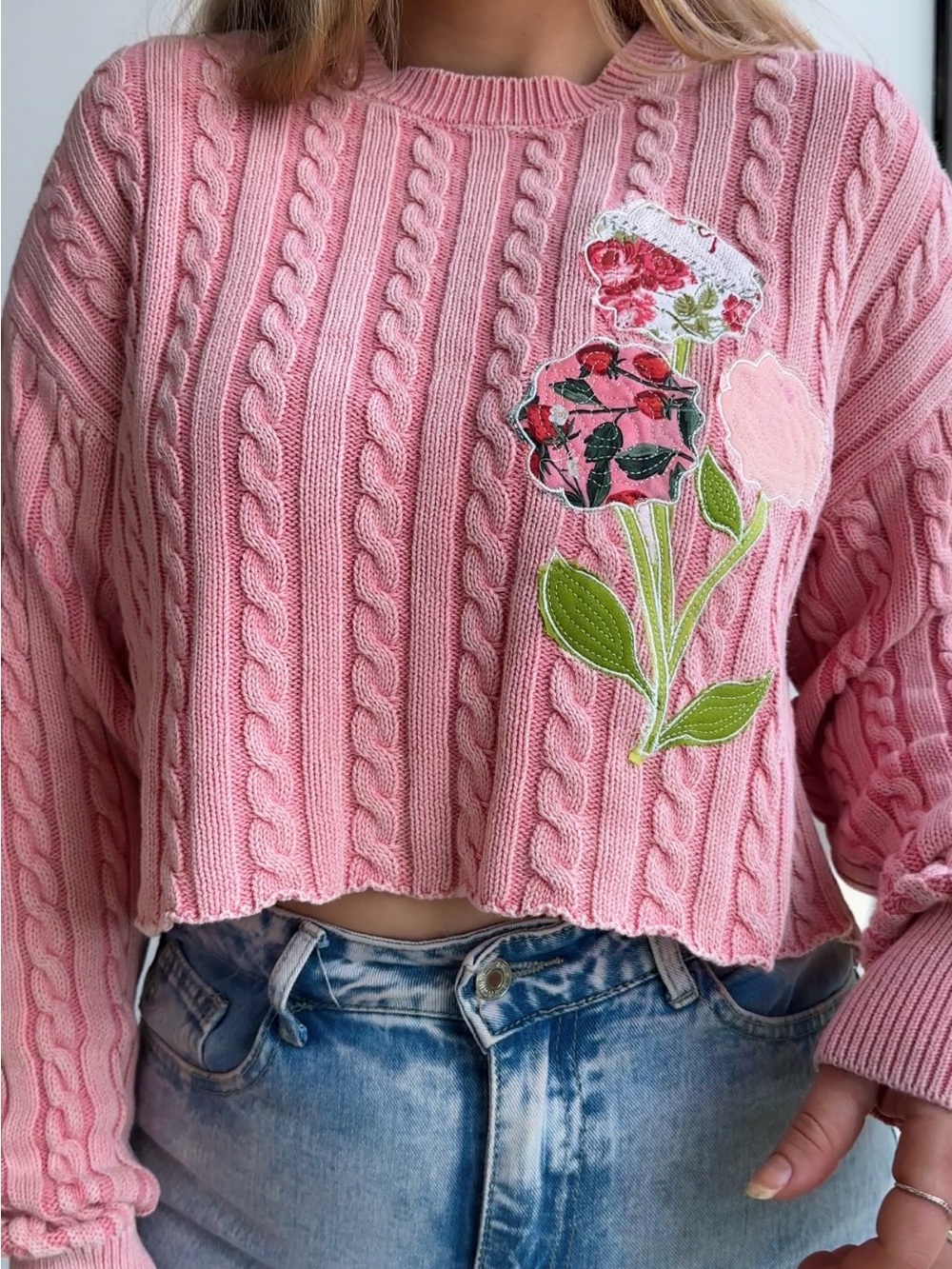 Upcycled Hand Crafted Pink Cable-Knit Cropped Sweater with Floral Appliqué